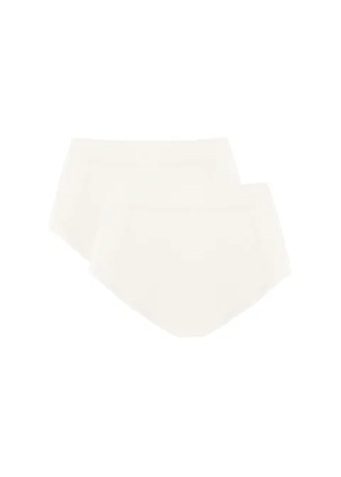 1 Two white underwear briefs stacked overlapping on a pale background.
