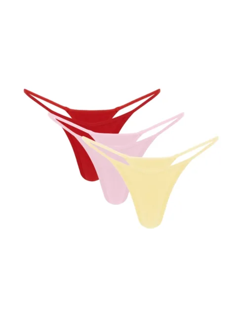 Three women's thong bikini bottoms in red, pink, and pale yellow with double side straps and high-cut legs.