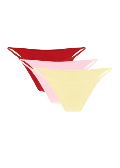 1 Three thong underwear in red, pink, and yellow layered together on a white background.