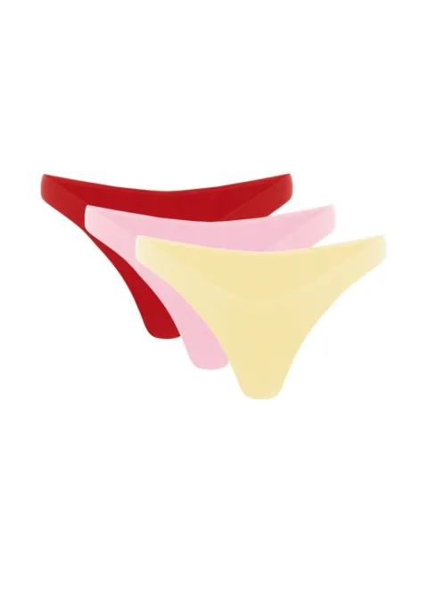 1 Three women's thong panties in red, pink, and pale yellow stacked and overlapping.
