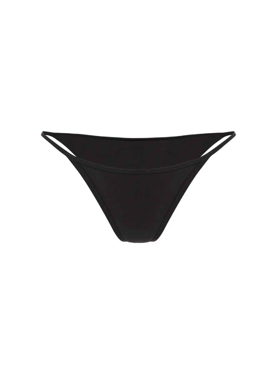 10 › Str/Cd Wear Black bikini bottom with thin side straps and a high-cut front.