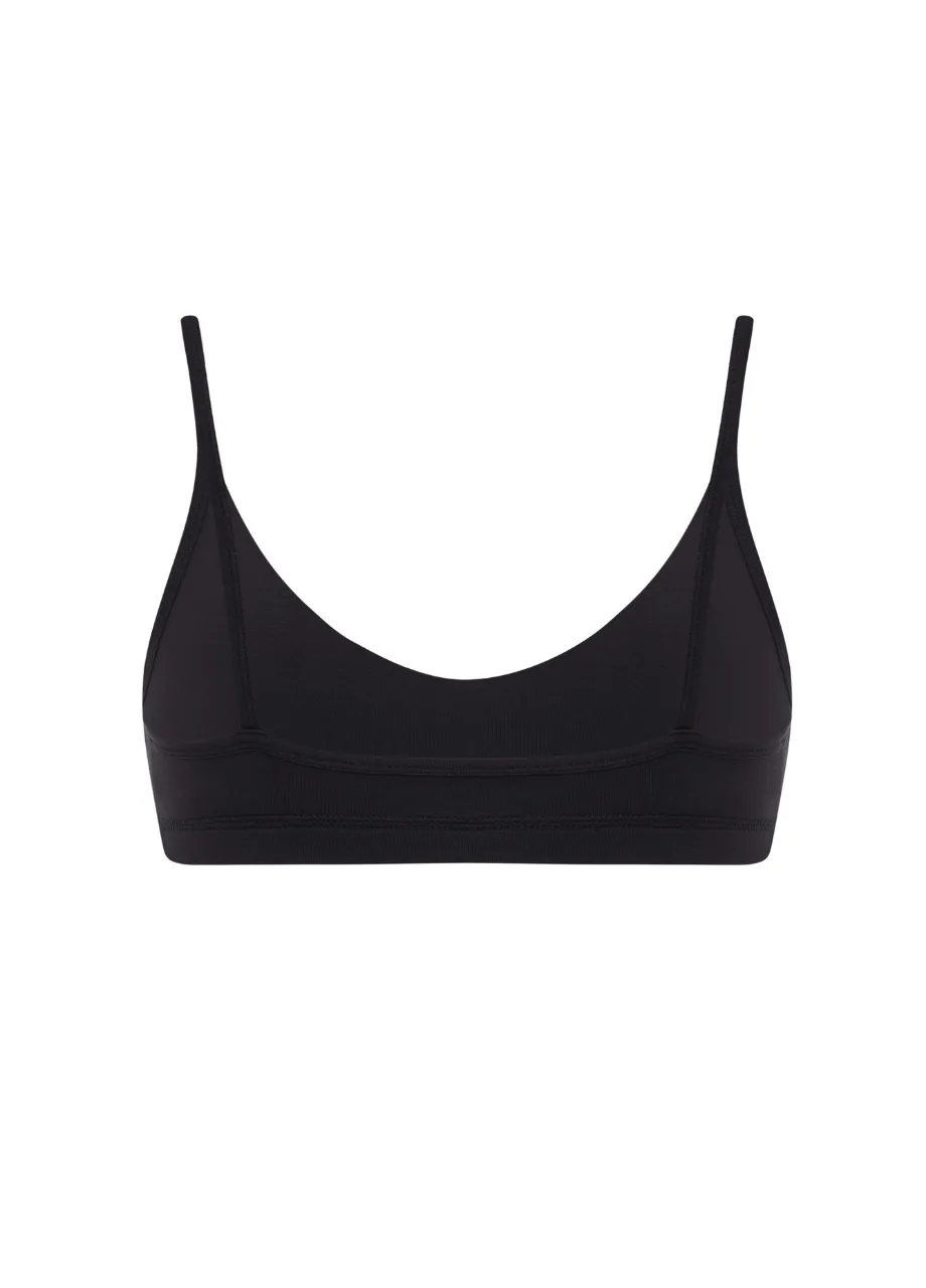 12 › Str/Cd Wear Black bralette with thin straps and a wide elastic underband for light support.