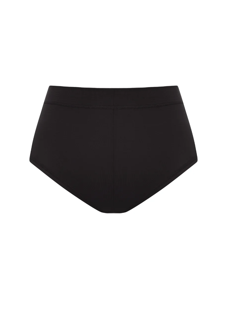 13 › Str/Cd Wear Black high-waisted bikini bottom with full back coverage (rear view)
