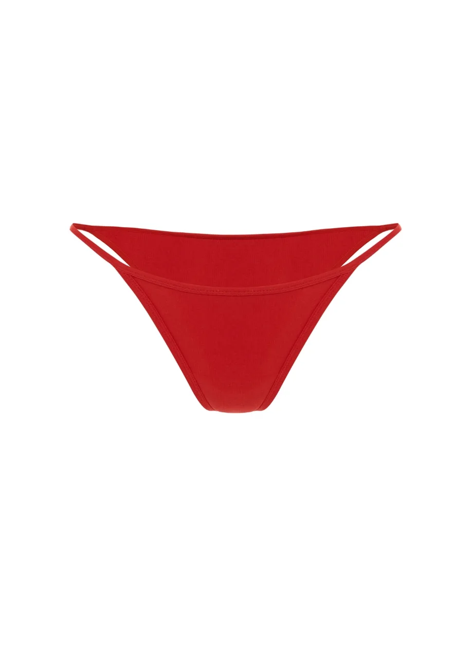 14 › Str/Cd Wear Red bikini bottom with thin side straps, front center seam visible in a thong style fit.