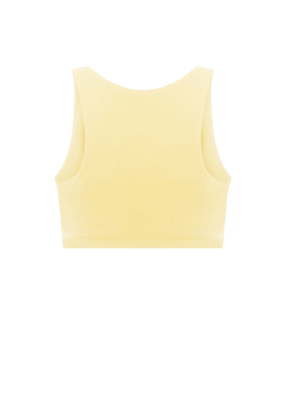 15 › Str/Cd Wear Yellow knit sleeveless crop top, viewed from the back with wide shoulder straps