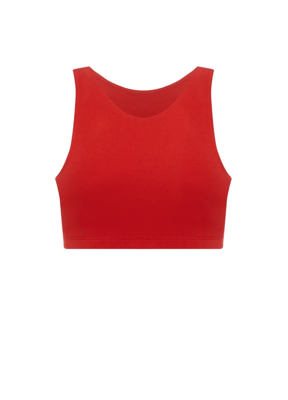 18 › Str/Cd Wear Red sports bra with wide straps and a wide underbust band, front view