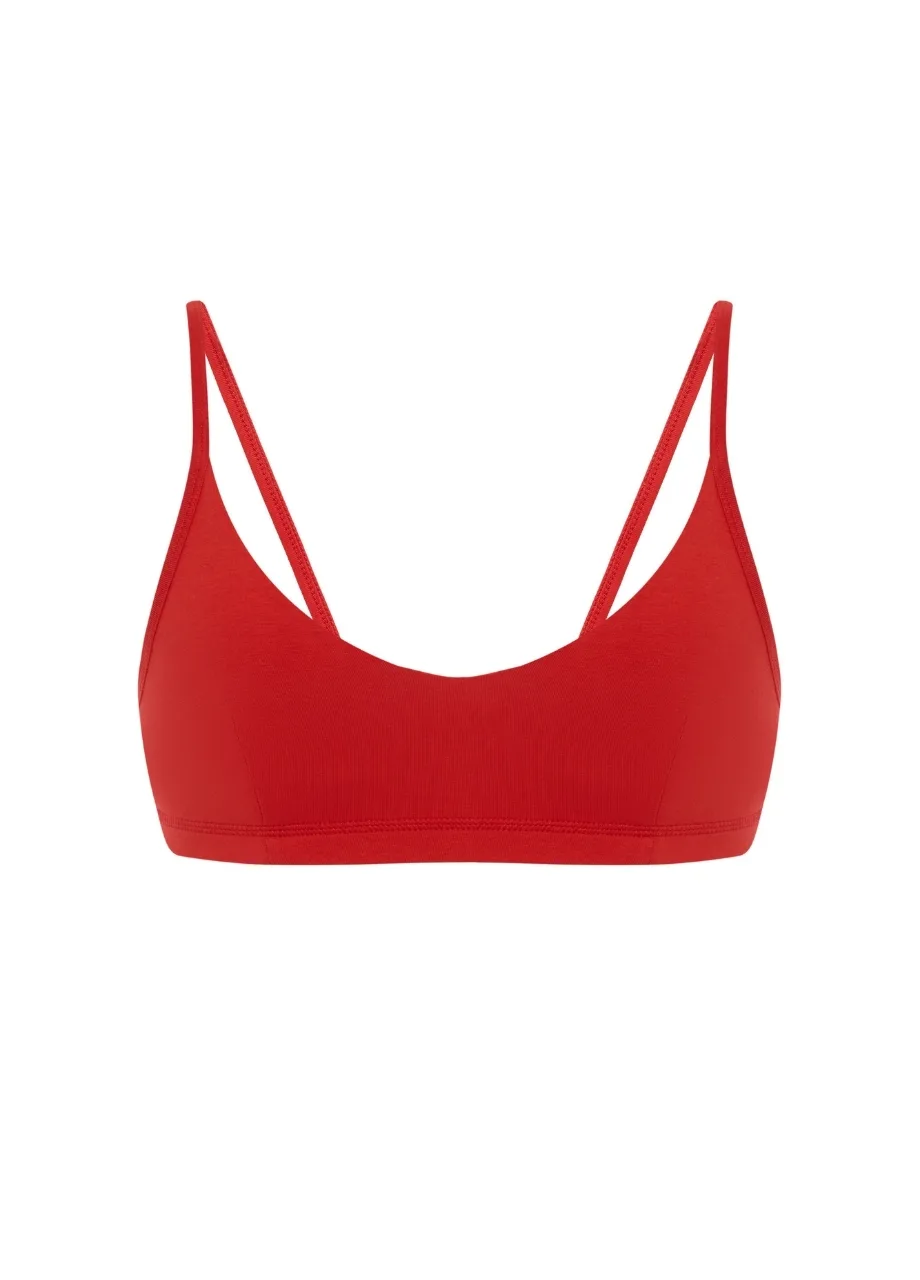 18 › Str/Cd Wear Red bralette-style bra with thin shoulder straps and scoop neckline, front view.