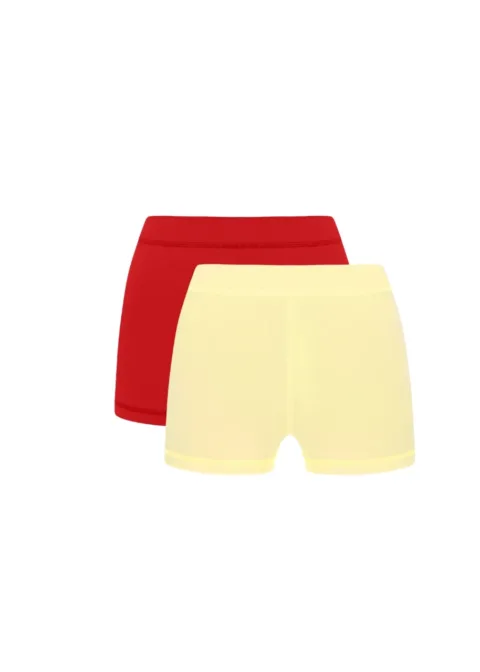 2 Two color‑block shorts: red pair behind a pale yellow pair, laid flat