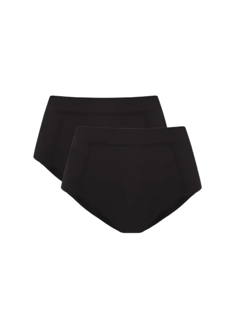 2 Two black women's underwear briefs stacked on a white background, overlapping each other.