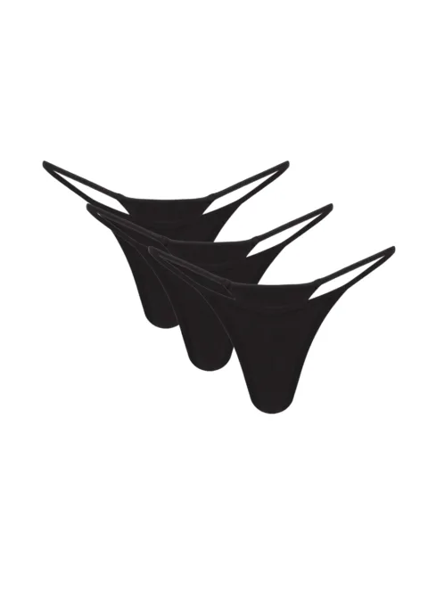 2 Three black women's bikini bottoms with thin side straps stacked together for display.