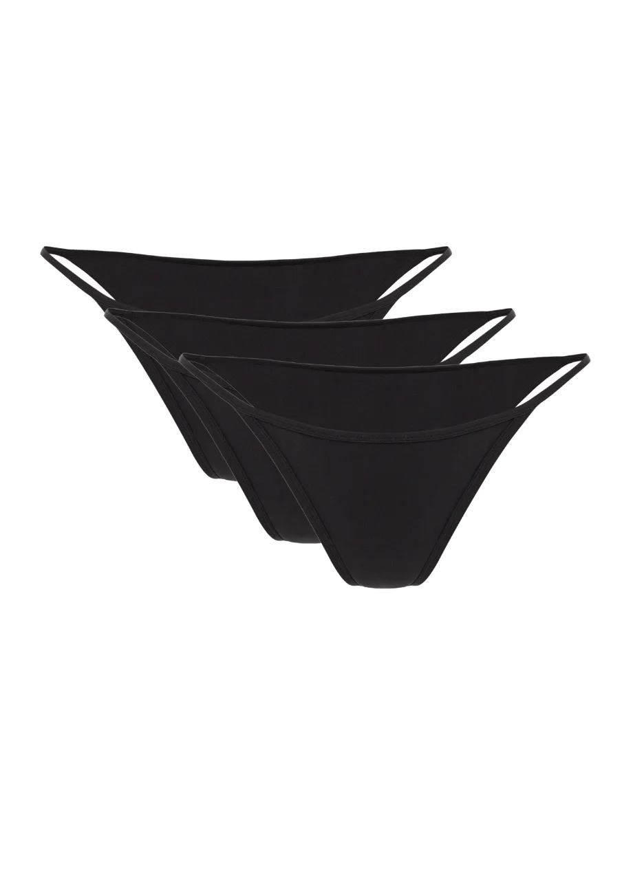 2 › Str/Cd Wear Three black bikini bottoms stacked, thong-style with thin side straps, product photo.