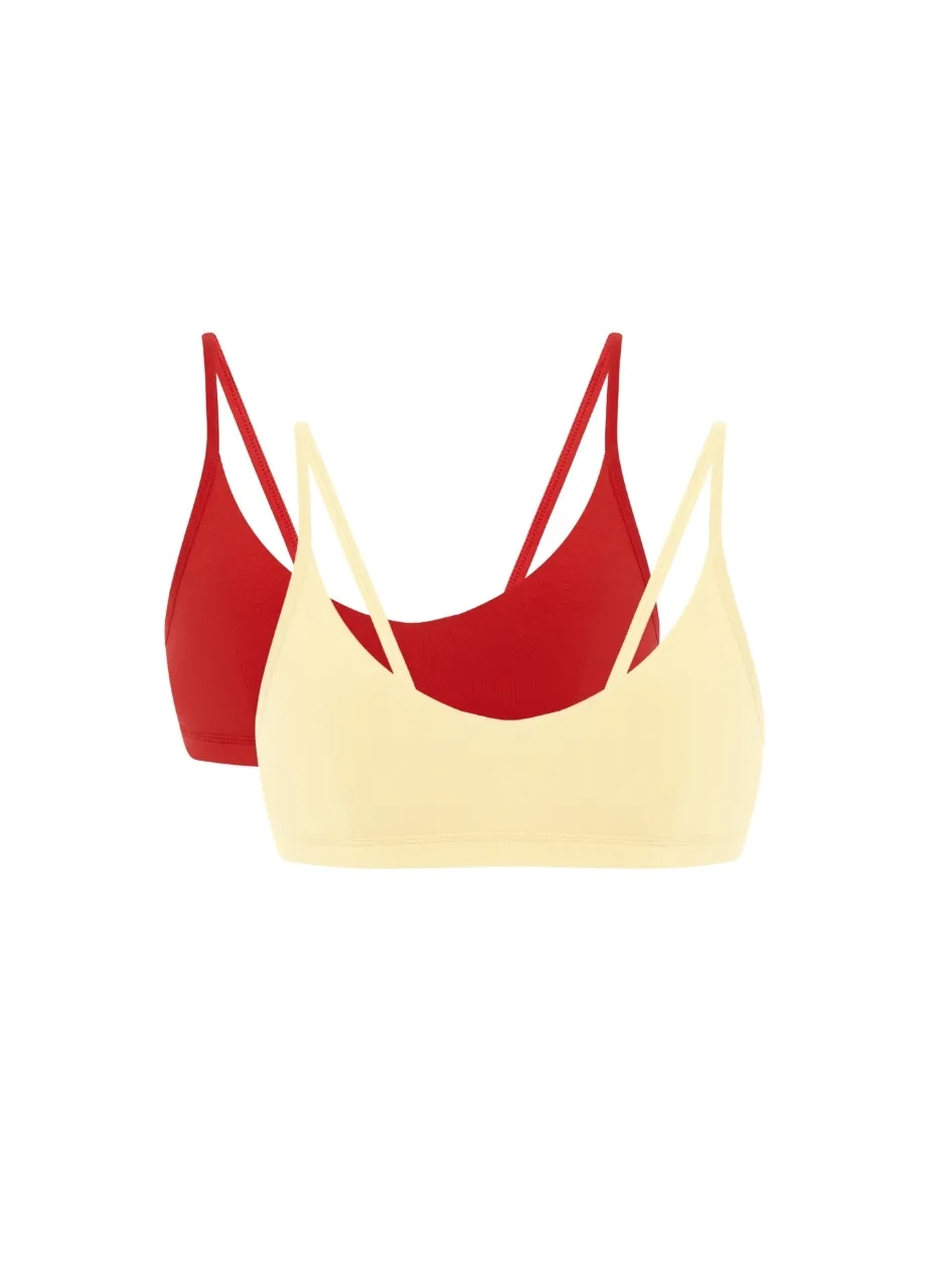 2 › Str/Cd Wear Two bralettes in red and pale yellow layered together on a white background.