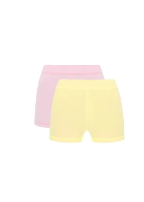 3 Two pastel shorts, one pink and one yellow, shown overlapping.