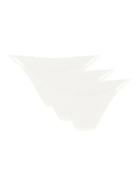 3 Stacked white bowls arranged diagonally, overlapping to form a tiered display.