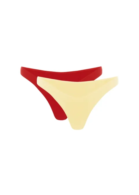 3 Two-tone women's thong underwear in red and cream, overlapping front view