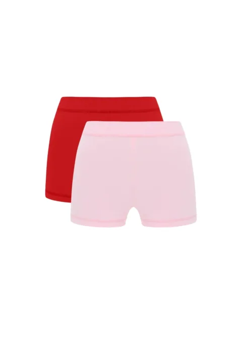 4 Two pairs of kids' shorts, pink in front and red behind.