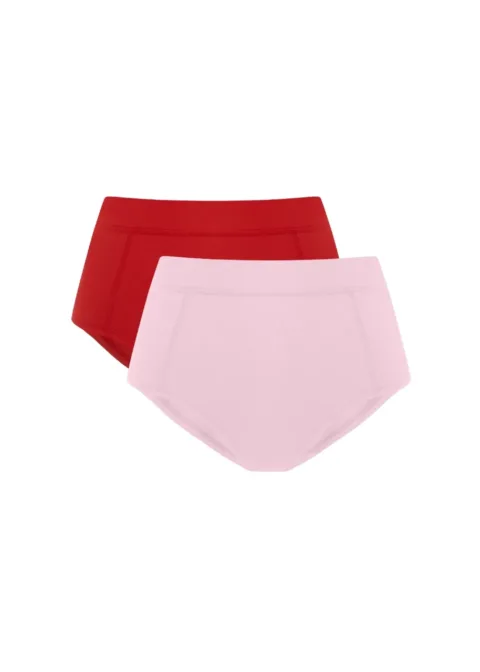 4 Two high-waisted underwear briefs, red behind and pale pink in front, overlapping.