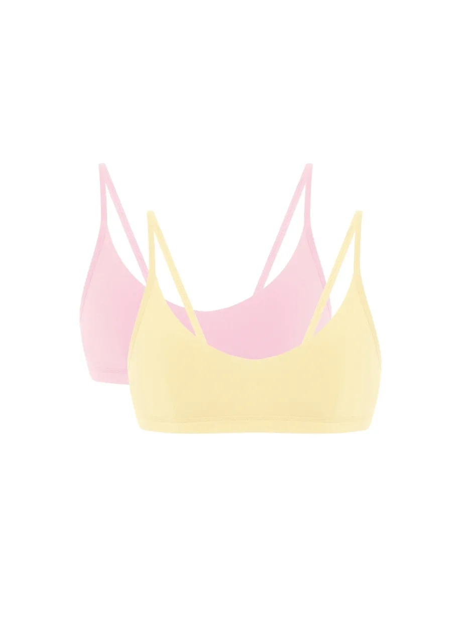 4 › Str/Cd Wear Pastel pink and yellow bralette set, overlapping with thin straps, front view