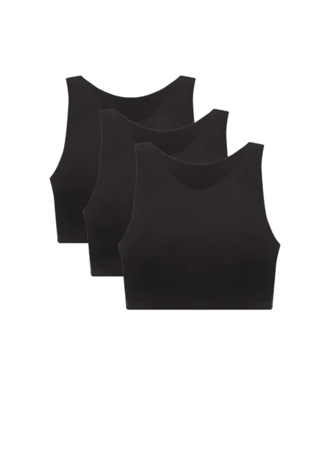 Three black sports bras stacked together, shown from the front.