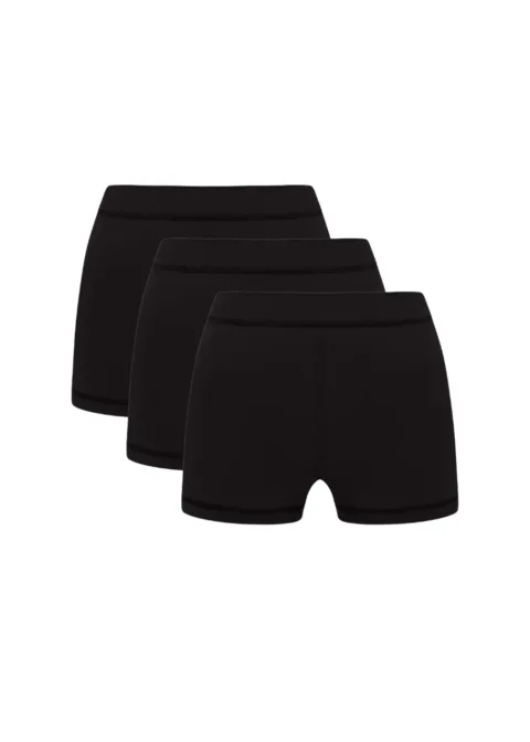 Three black athletic boxer shorts with elastic waistbands, arranged in a row.