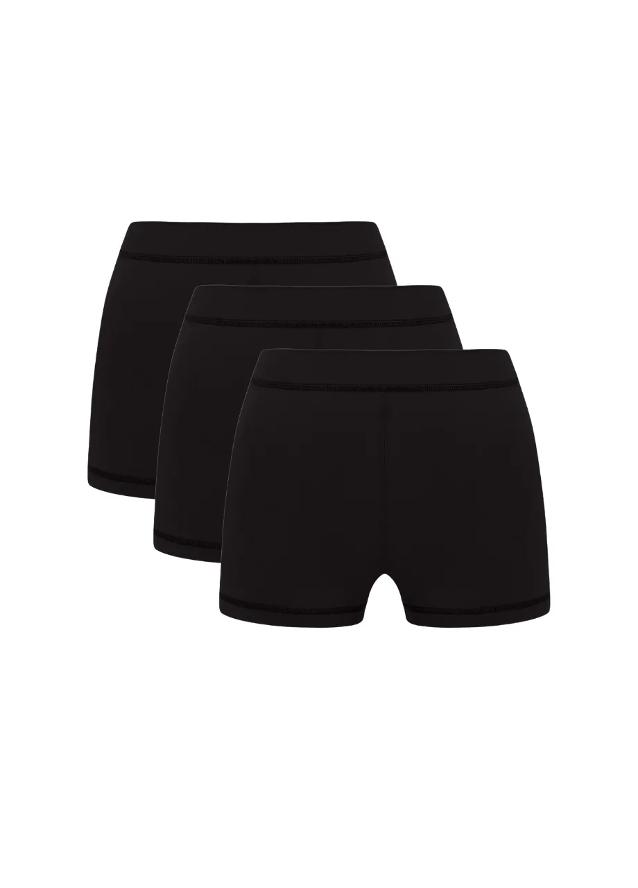 5 › Str/Cd Wear Three black athletic boxer shorts with elastic waistbands, arranged in a row.