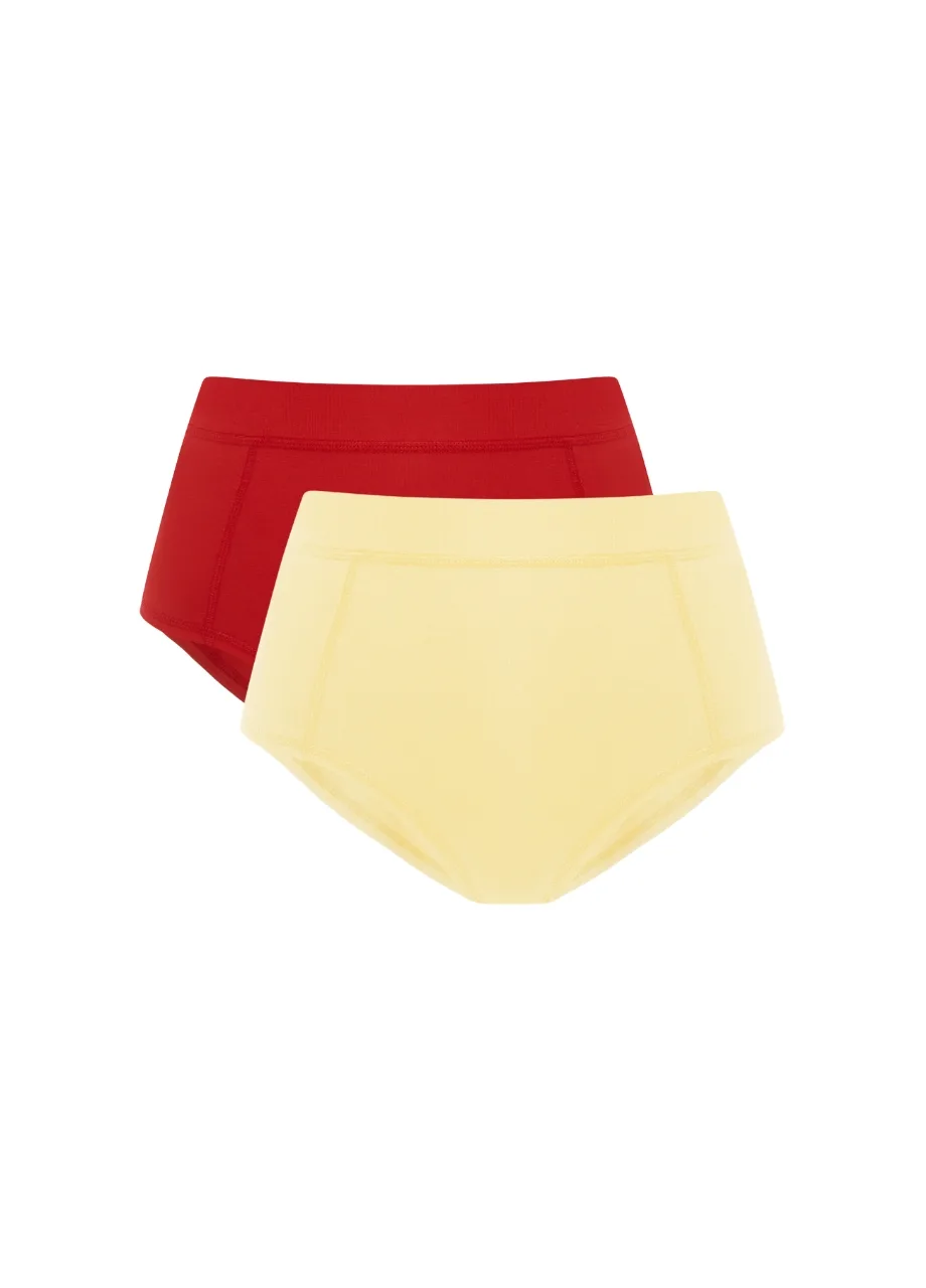 5 › Str/Cd Wear Two high-waisted briefs, red behind and pale yellow in front, on a white background.