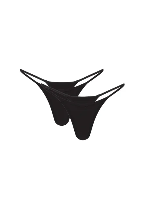 Pair of black thong underwear with thin spaghetti straps, overlapping in a group shot.