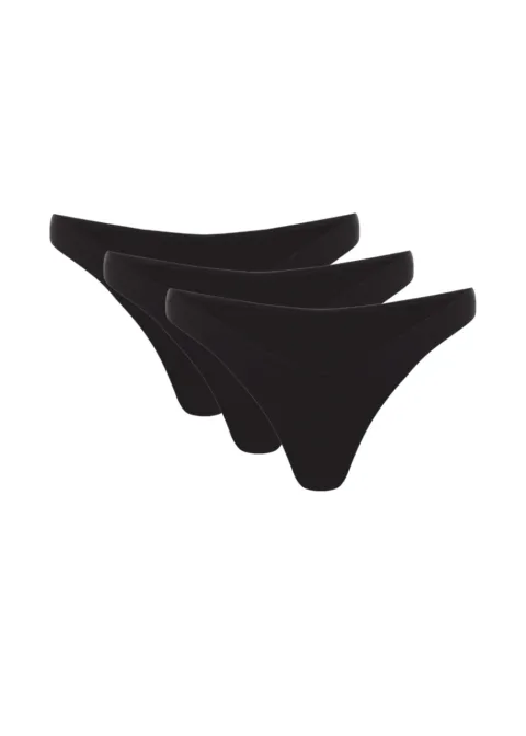 5 Three-pack of black women's thong underwear laid out in a fan arrangement