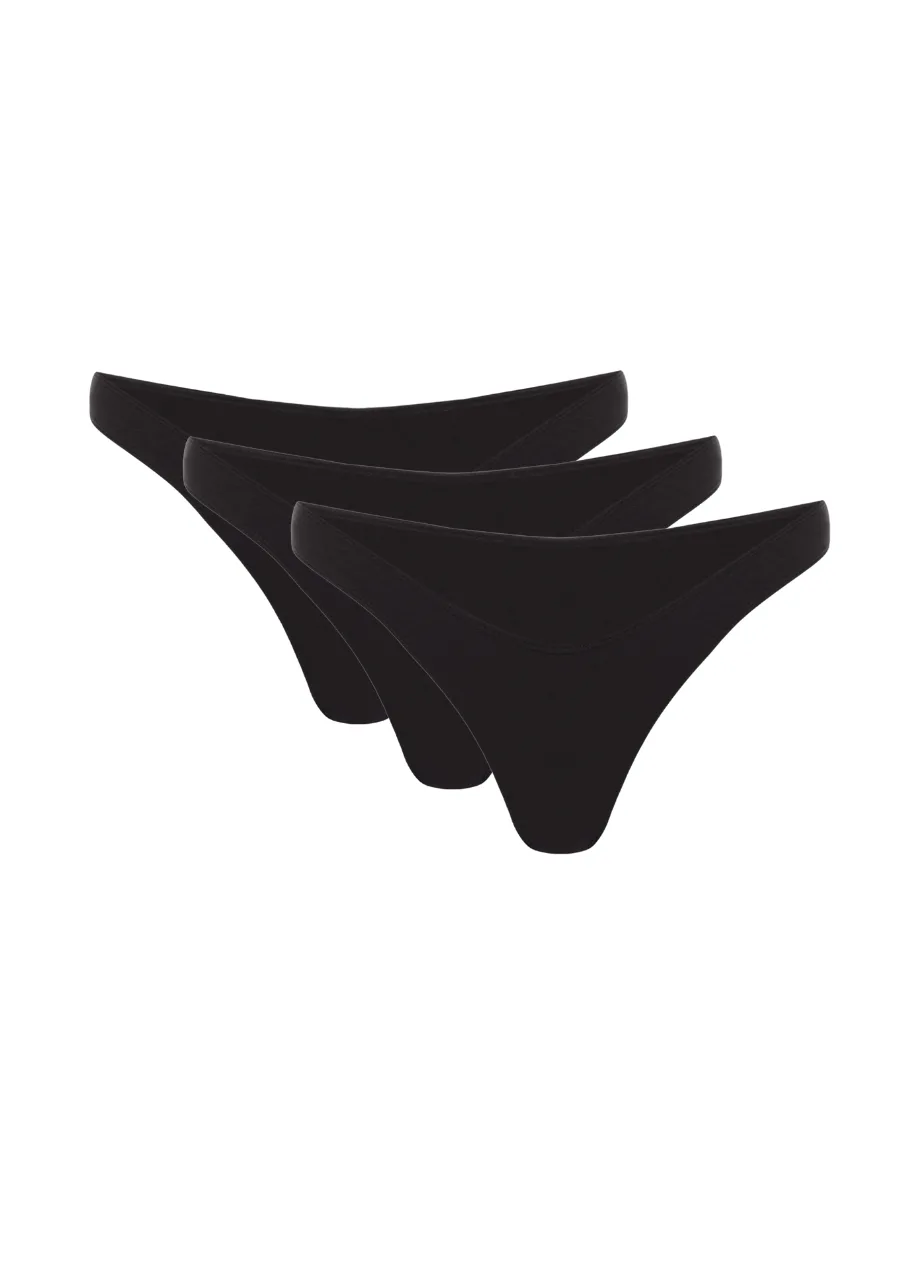 5 › Str/Cd Wear Three-pack of black women's thong underwear laid out in a fan arrangement