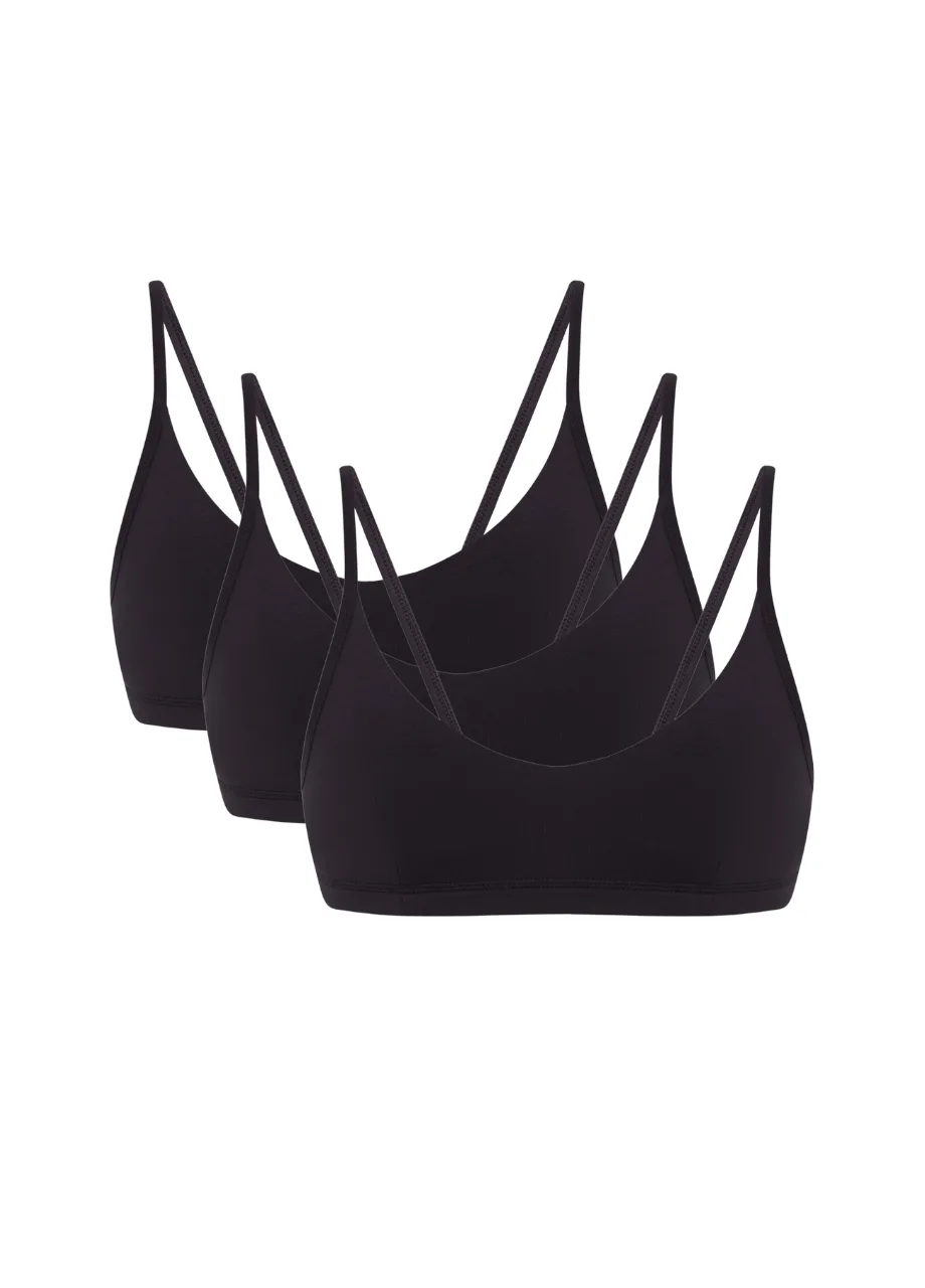 5 › Str/Cd Wear Four black bralette bras stacked together with thin straps, front view.
