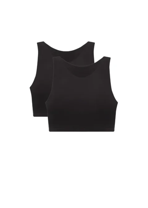 Two black sleeveless crop tops layered in front view