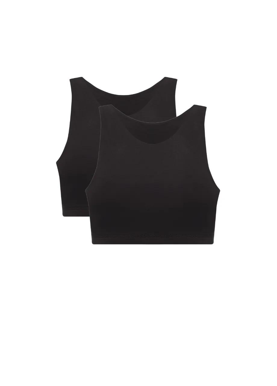6 › Str/Cd Wear Two black sleeveless crop tops layered in front view