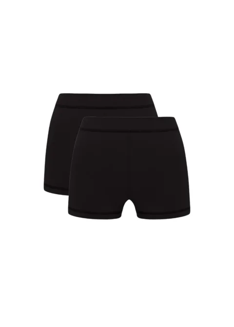 6 Pair of black athletic shorts with elastic waistbands, viewed from the front and back.