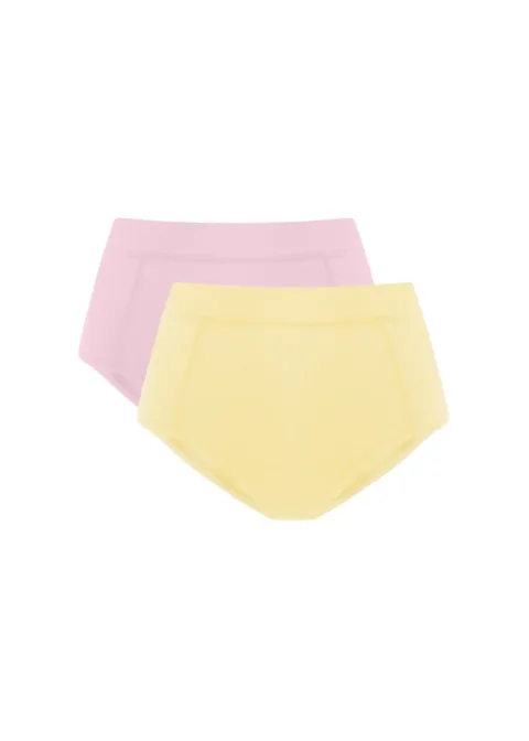 6 Two pastel-colored briefs, pink and yellow, overlapping and laid flat.