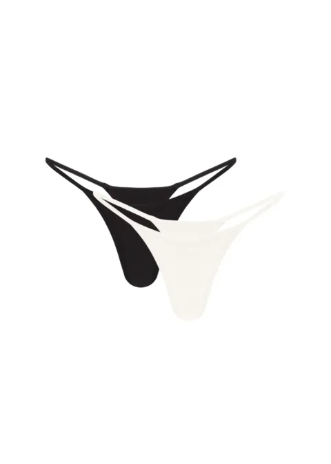 Black and white thong underwear with overlapping side straps on a white background