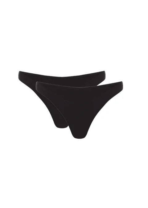 6 Pair of black thong underwear laid flat, overlapping each other on a white background