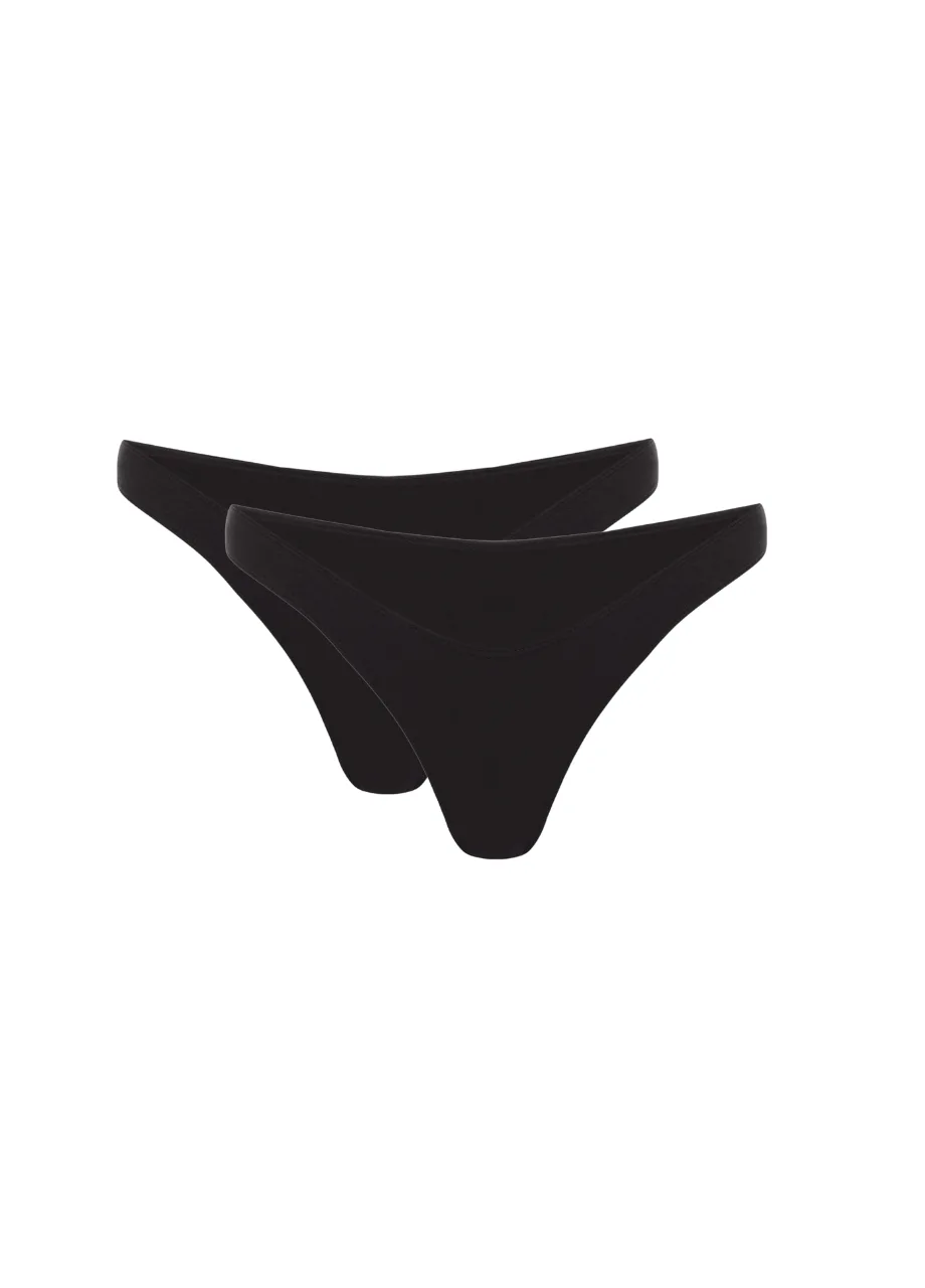 6 › Str/Cd Wear Pair of black thong underwear laid flat, overlapping each other on a white background