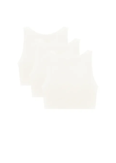 Three cream-colored sleeveless tank tops layered together on a white background.