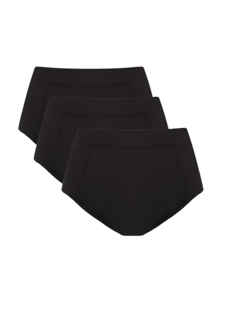 7 Set of four black high-cut briefs arranged in a diagonal stack.