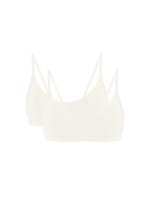 White bralette with thin shoulder straps on a white background (image shows a minimal, pale lingerie top).