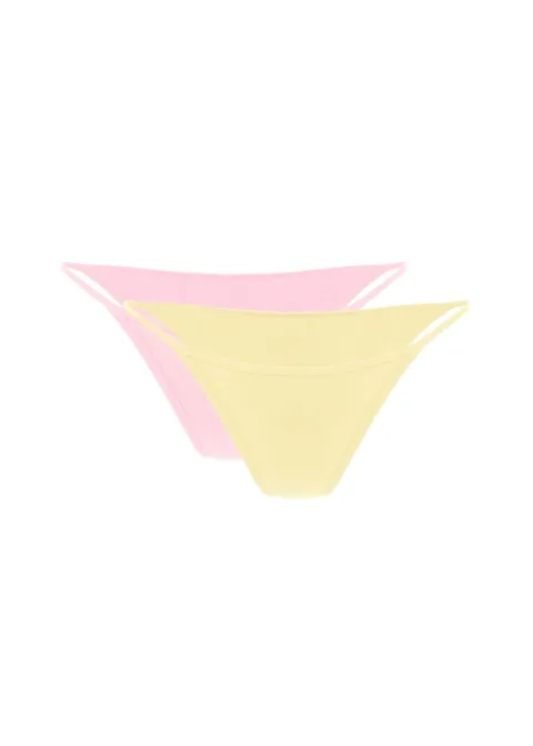 7 Two pastel-colored women's thong underwears, one pink and one yellow, overlapped and shown from the side.