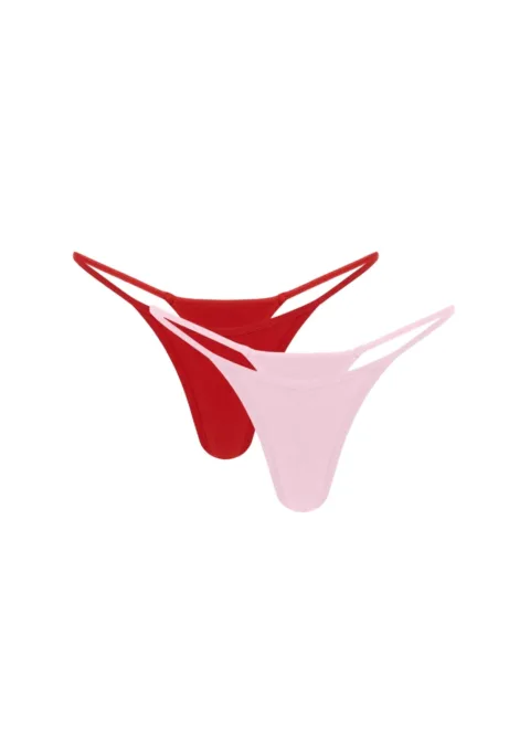 Set of two women's thong underwear in red and light pink, overlapping for display