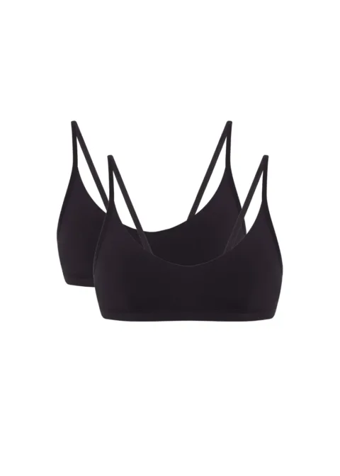 Two black bralettes with thin straps overlapping in front.