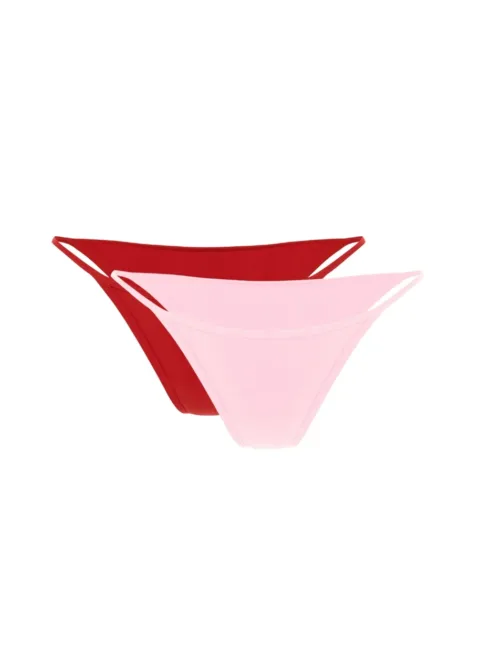 8 Pair of women's bikini briefs in red and light pink displayed overlapping on a white background for product viewing.