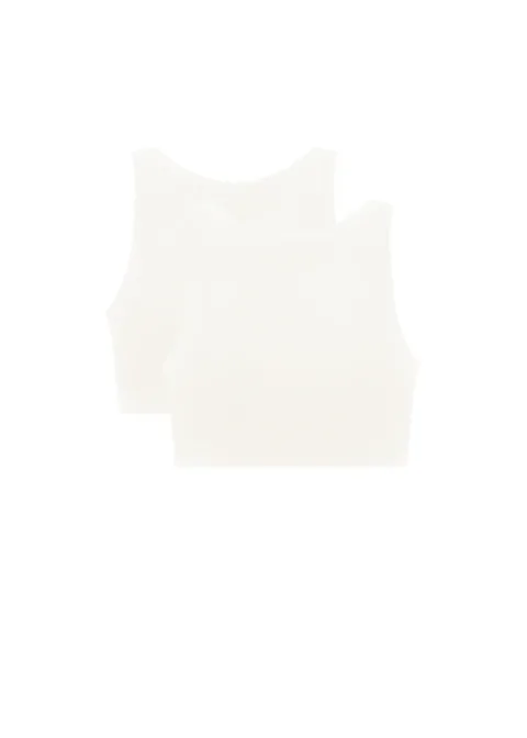 Two white sleeveless crop tops layered together against a white background.
