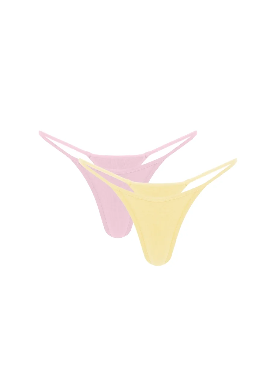 9 › Str/Cd Wear Two pastel thong underwears, pink and yellow, overlapping on a white background.