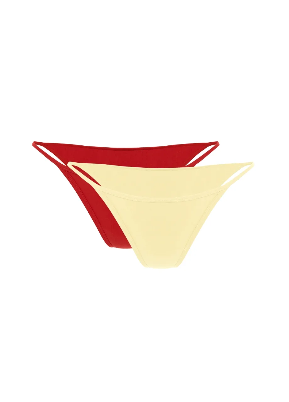 9 › Str/Cd Wear Red and pale yellow bikini bottoms stacked together, showing side straps on a white background, swimwear bottom set