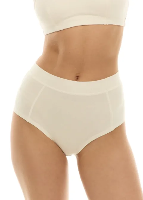 Close-up of the midsection showing a person wearing white high-waisted underwear and a white cropped top.