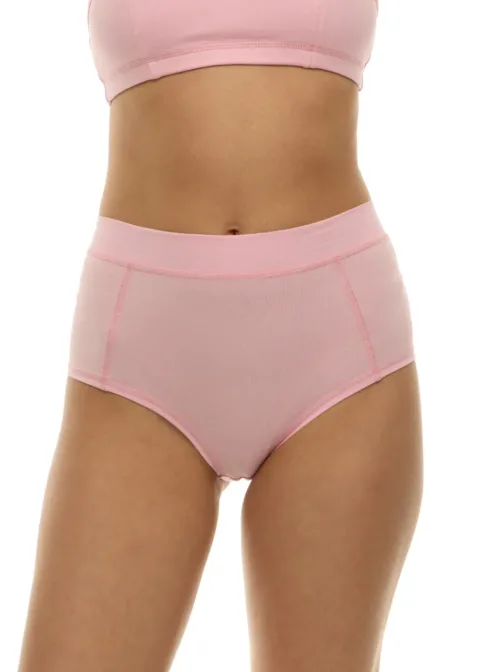 Person wearing a light pink sports bra and high-waisted underwear, standing against a white background.