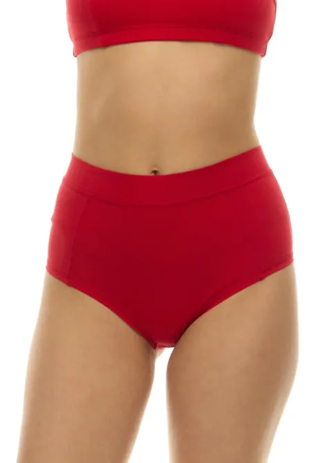 Red high-waisted bikini bottom on a model, shown from mid-torso to upper thighs against a white background